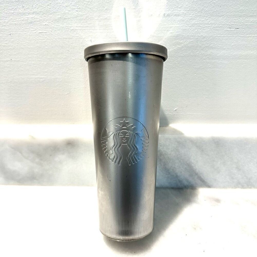 Starbucks Stainless Steel Embossed Mermaid Cold Cup Tumbler With Straw Silver 24